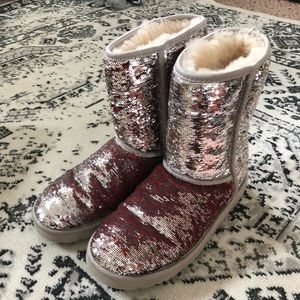 UGG Reversible Silver Sequin Classic Short Boots